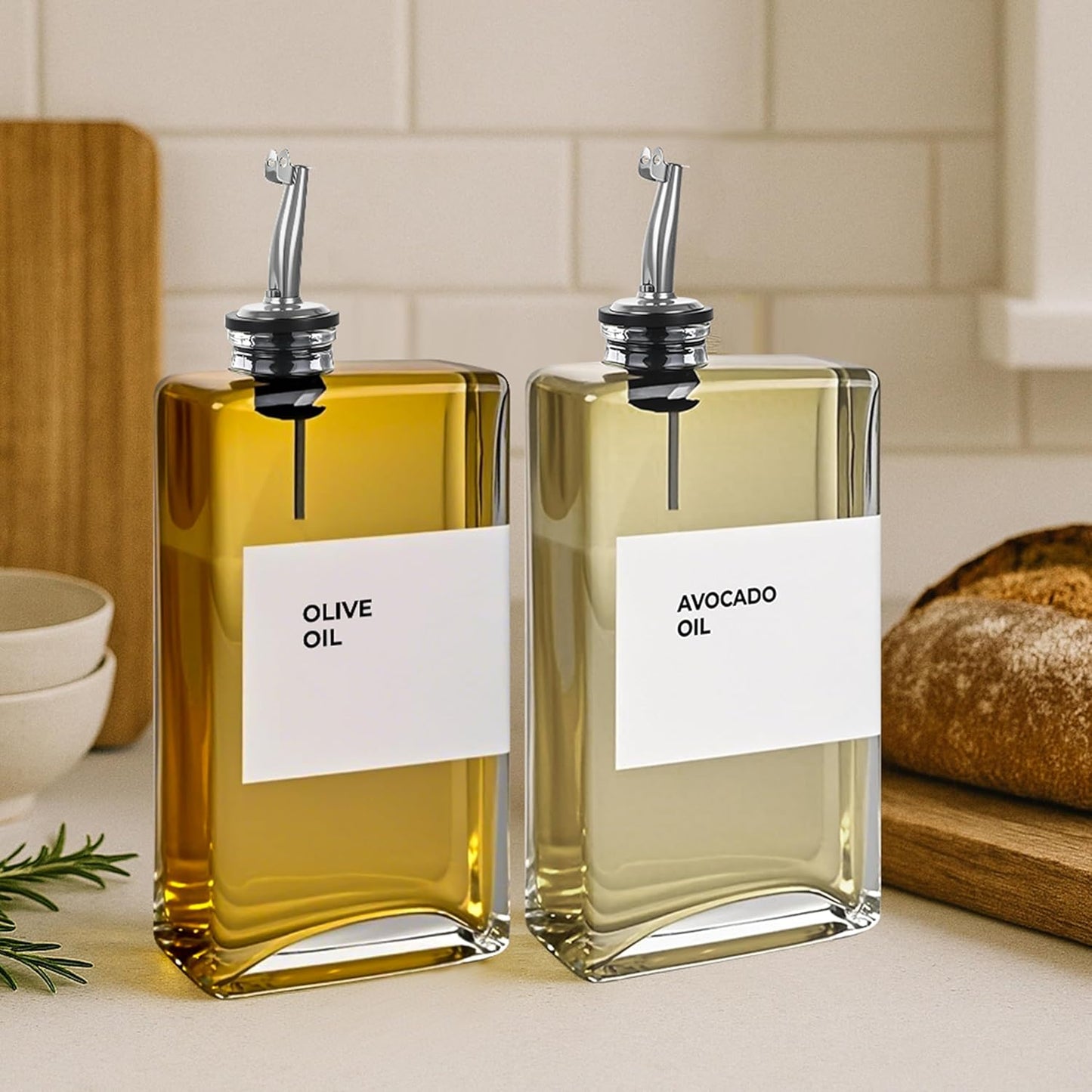 Olive Oil Dispenser Bottle - Includes 44 Kitchen Essential Labels - Cooking Oil Bottles for Kitchen, Coffee Syrup Dispenser - Pourer Spout with 11.8 fl oz Glass Container Cruet - 2pcs Silver
