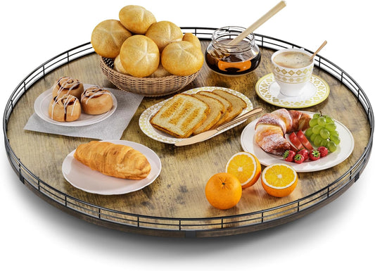 Lazy Susan Turntable Organizer for Table Top, 24’’ Round Wooden Lazy Susan for Cabinet Kitchen Countertop Pantry Dining Coffee Table for Condiments Spices, Rustic Bathroom Vanity Tray for Soap Candle