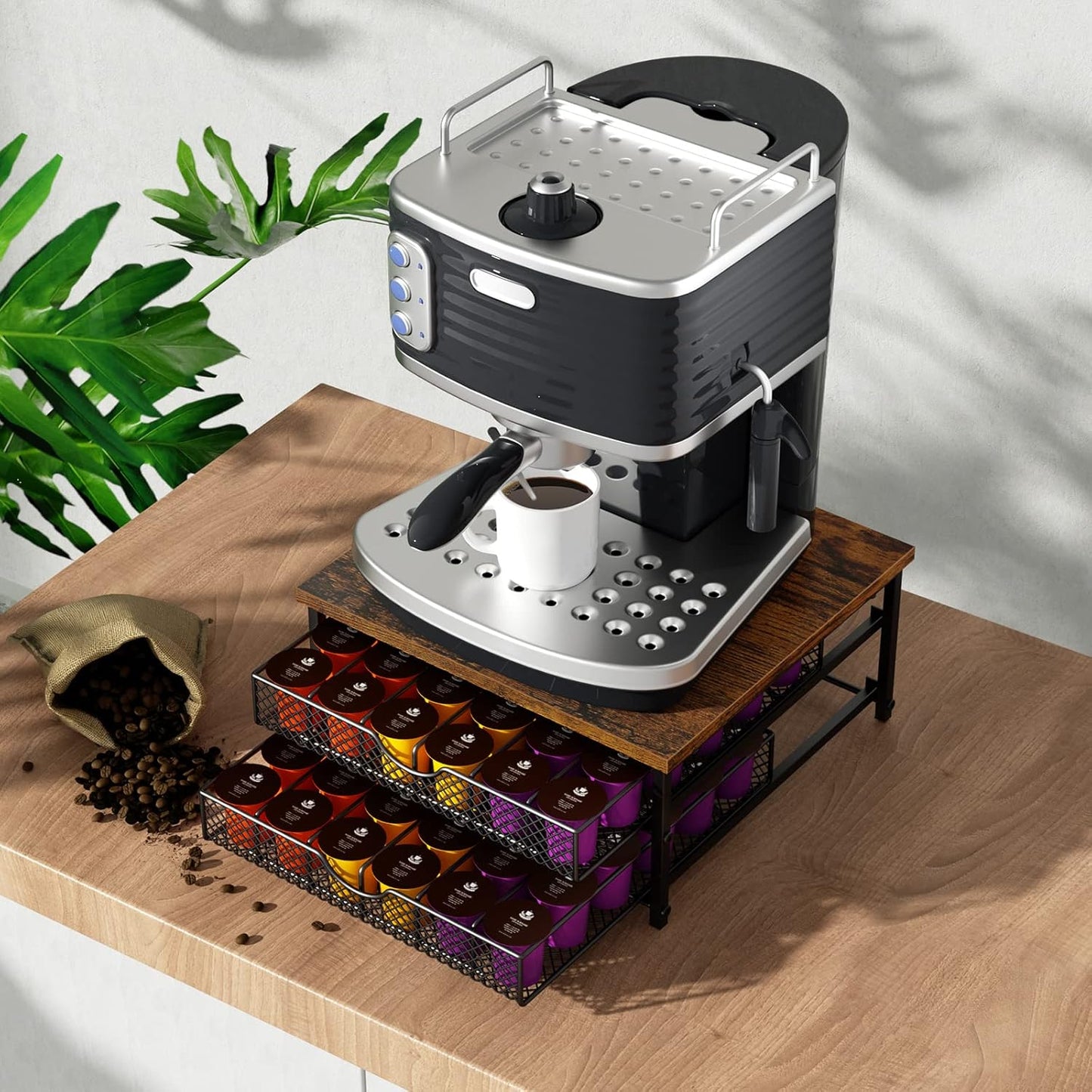 Coffee Pod Drawer K Cups Organizer 2-Tier Coffee Pod Storage Holder with Drawer Baskets 72 Capacity Coffee Capsule Storage Organizer Drawer, Industrial Brown and Black