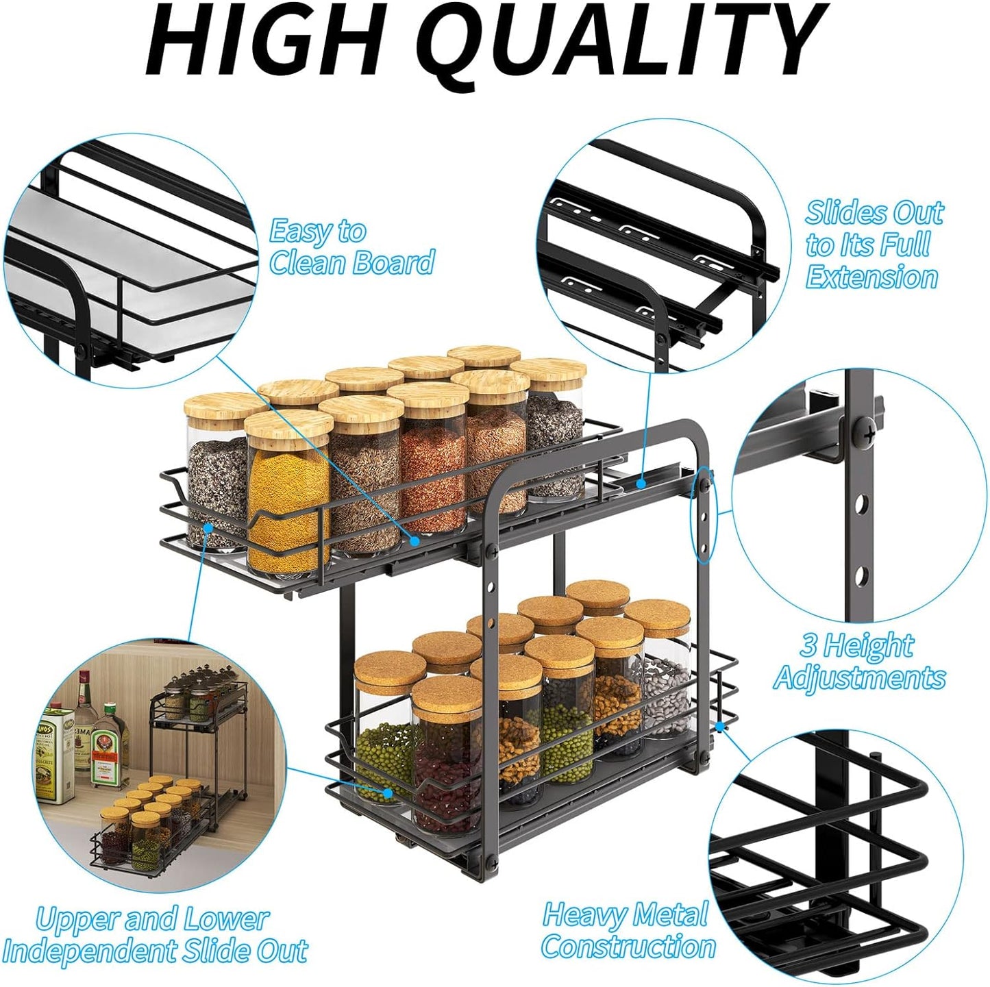 Spice Rack Organizer for Cabinet, 2 Tier Pull Out Spice Organizer for Cabinet Height Adjustable Heavy Duty Metal Basket for Inside Cabinets & Pantry Closet