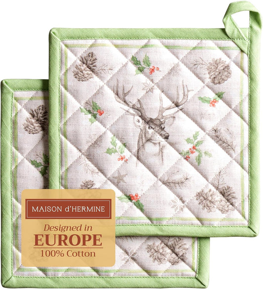 Maison d' Hermine Pot Holders Set 100% Cotton Heat Resistant Potholders 8" x 8" Hot Pads with Loop BBQ, Cooking, Baking, Grilling, Kitchen, Handling Hot Pans (Pack of 2, Christmas Dew)