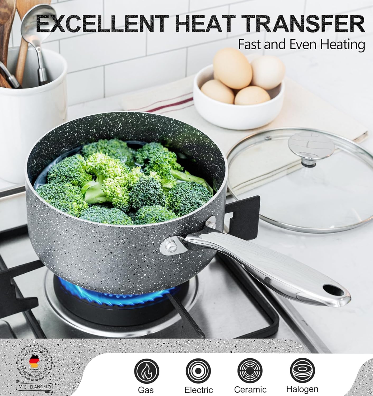 MICHELANGELO 2 Quart Saucepan with Lid, Nonstick Sauce Pan with Healthy Coating, Granite Sauce Pan with Stainless Steel Handle, 2 Qt Saucepan Induction Compatible, Gray