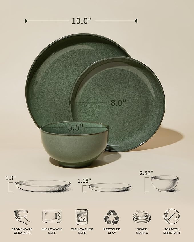 Plates and Bowls Sets for 8, 24 Piece Dinnerware Set for Large Families & Entertaining, Elegant Design, Dishwasher & Microwave Safe, Chip Resistant and Durable, Forest Green