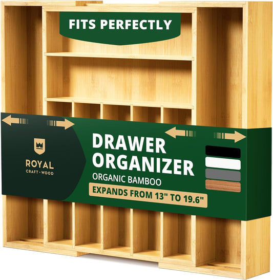 ROYAL CRAFT WOOD Luxury Bamboo Kitchen Drawer Organizer - Silverware Organizer, Utensil Holder & Cutlery Tray Drawer Dividers for Flatware (9 Slot, Natural)