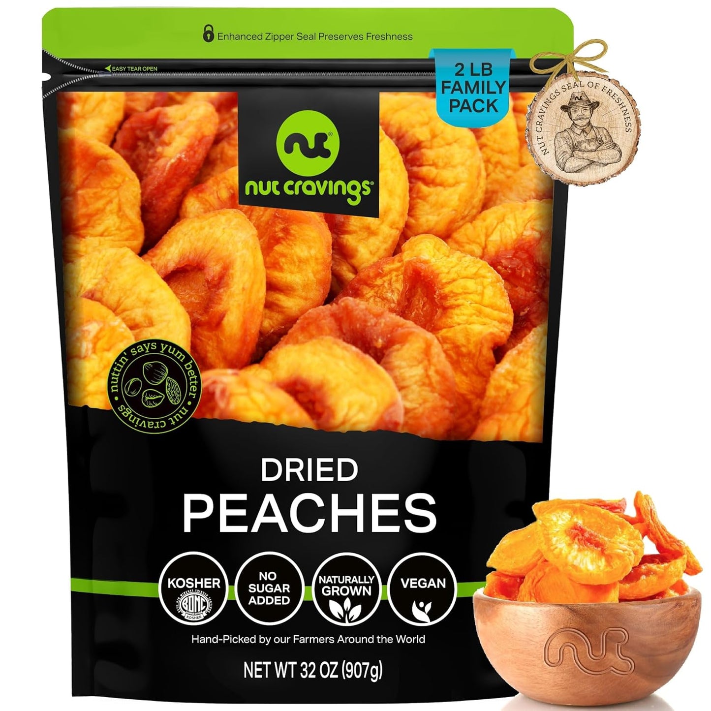 NUT CRAVINGS - Sun Dried California Peaches, No Sugar Added (32oz, 2 LB) Bulk Dry Fruits Packed Fresh in Resealable Bag - Sweet Healthy Snack, Naturally Grown, Vegan, Kosher