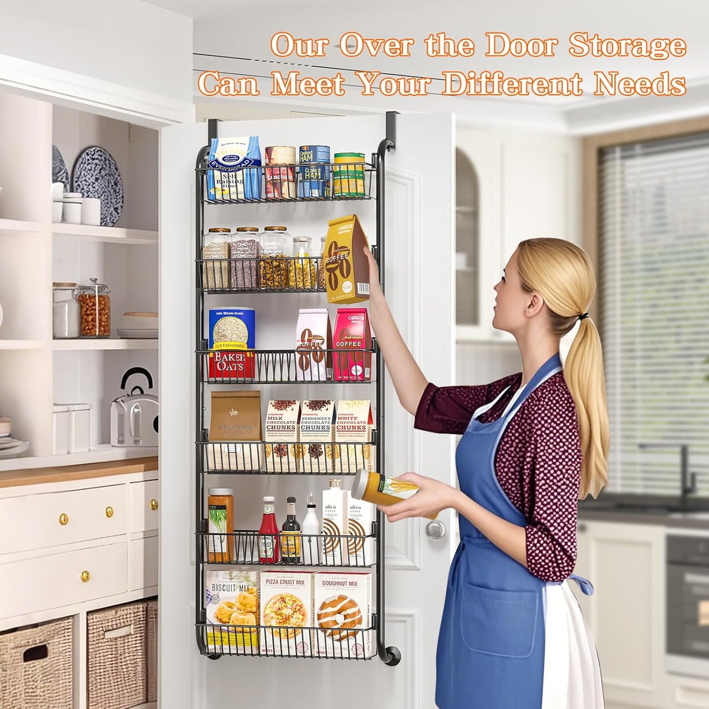 MIAOLI Over The Door Pantry Organizers and Storage, 6-Tier Spice Rack, Home & Kitchen Storage Shelves for Cabinet, Large Capacity Hanging Seasoning Organizer, Laundry Room Organization, Black
