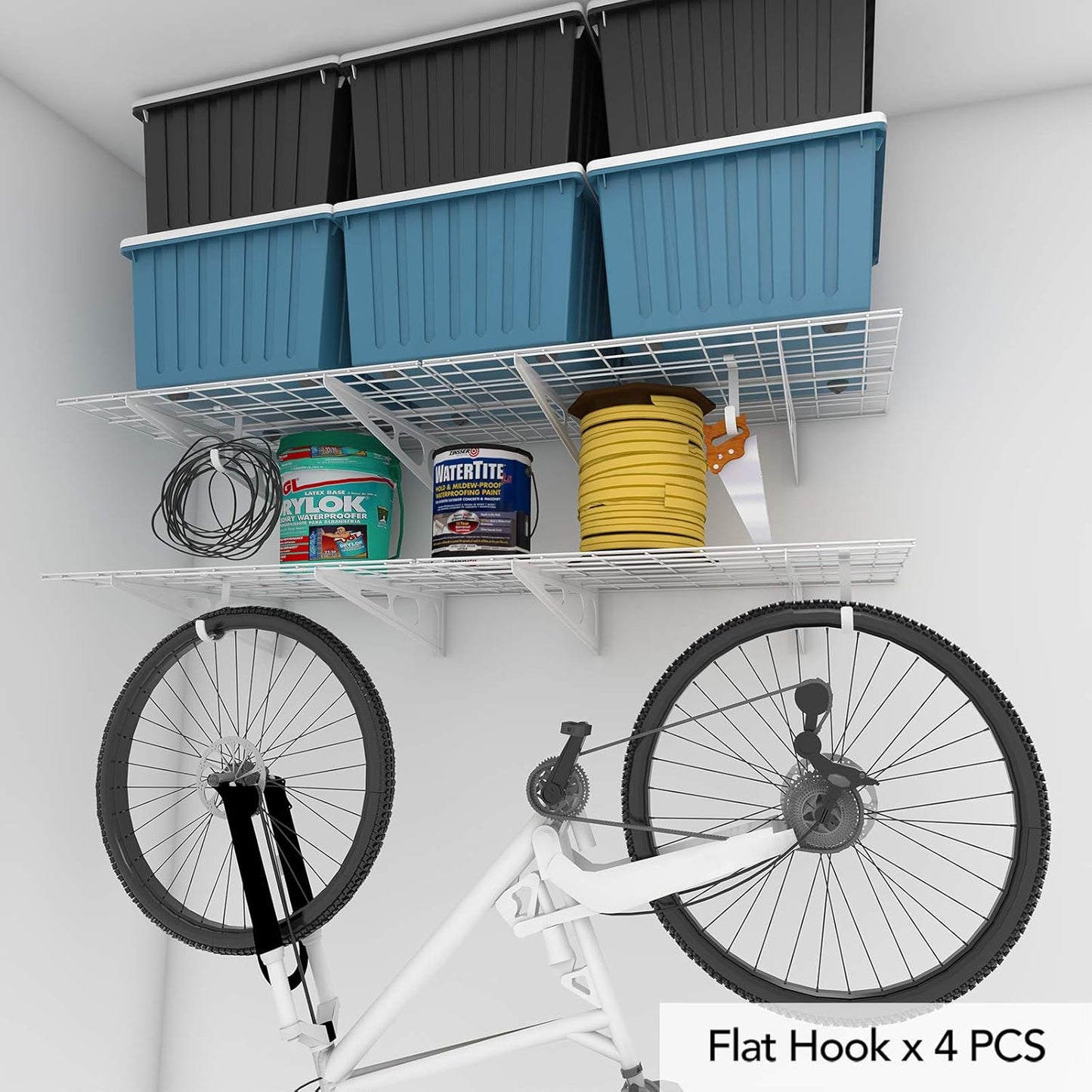 FLEXIMOUNTS 2-Pack 2x6ft Garage Shelving with Hooks 24-inch-by-72-inch Wall Shelf Garage Storage Rack Floating Shelves, White