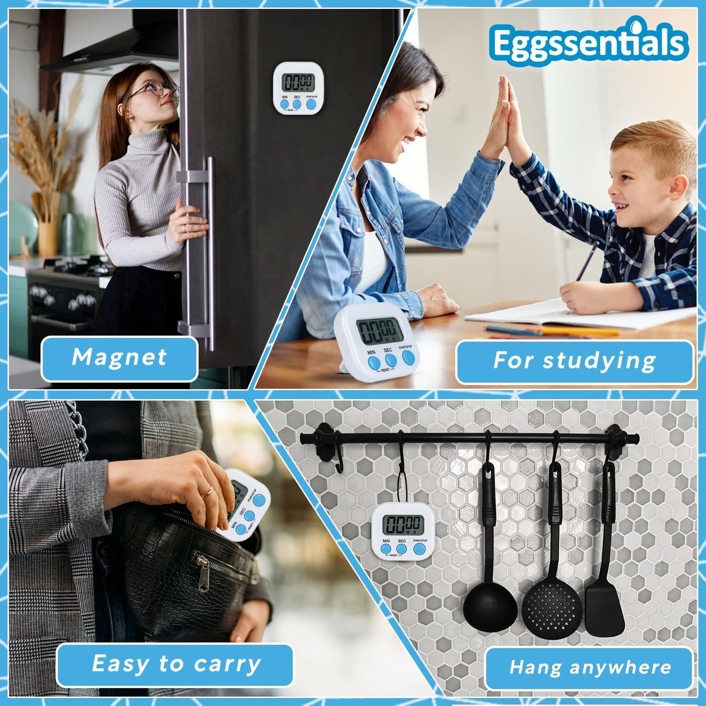 Pack of 4 - Kitchen Timer with Big Digital Numbers and Loud Alarm - Kitchen Timers for Cooking, Classroom for Kids, Gym, Yoga, Office.