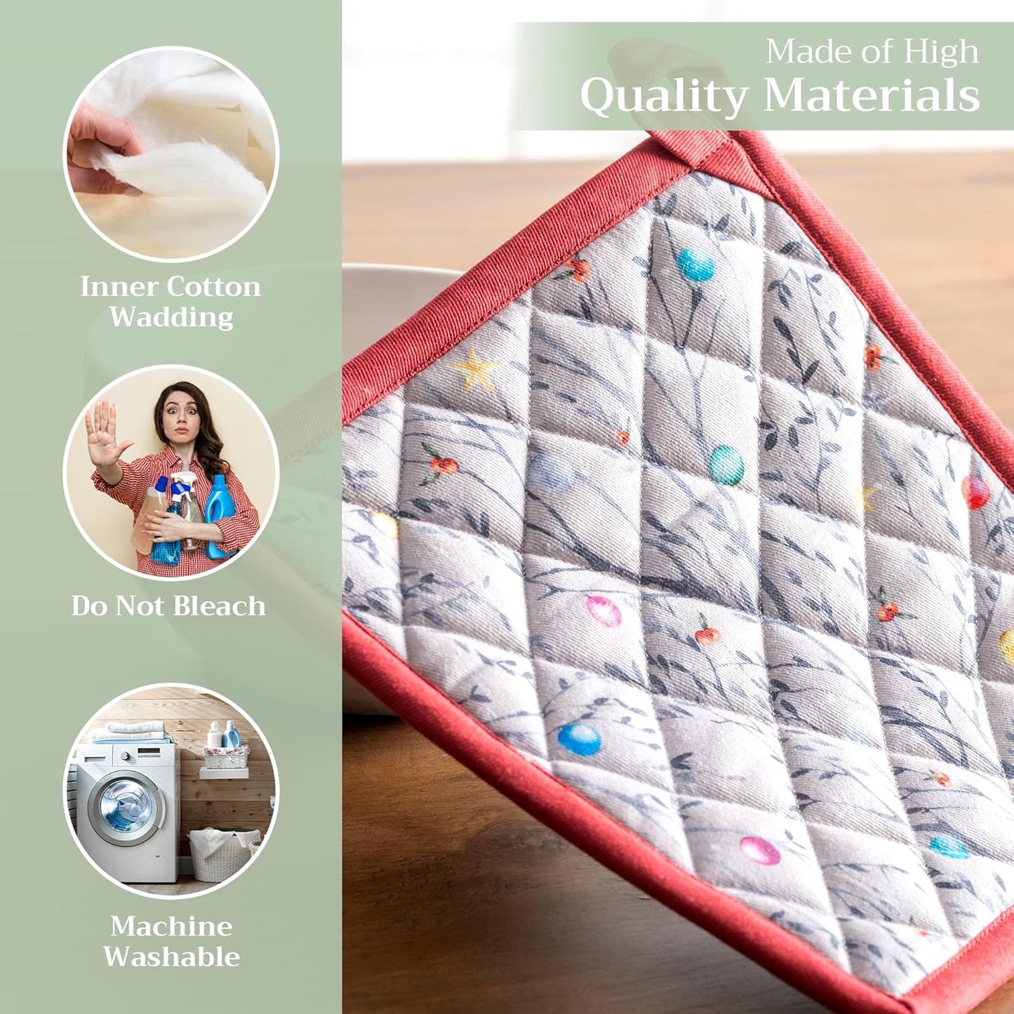 Maison d' Hermine Pot Holders 100% Cotton Heat Resistant Potholders 8" x 8" Hot Pads with Loop BBQ, Cooking, Baking, Grilling, Kitchen, Handling Hot Pans (Pack of 1, Fairy Christmas)