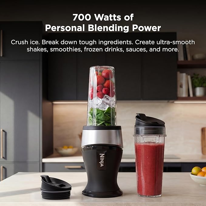 Ninja Fit Compact Personal Blender, Portable Blender for-Smoothies, Shakes, Food Prep, and Frozen Blending, 700-Watt Base, (2) 16-oz. Cups and Spout Lids, Black QB3001SS