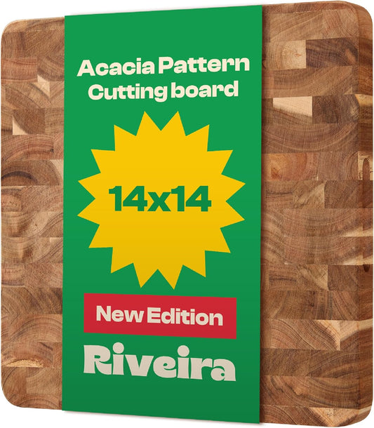 Riveira Acacia Wood Cutting Board – Gourmet Acacia Grandeur: 14 x 14 Wooden Cutting Board – Natural Wooden Cutting Boards For Kitchen Decorative – Innovative Juice Grooves Acacia Wooden Chopping Board