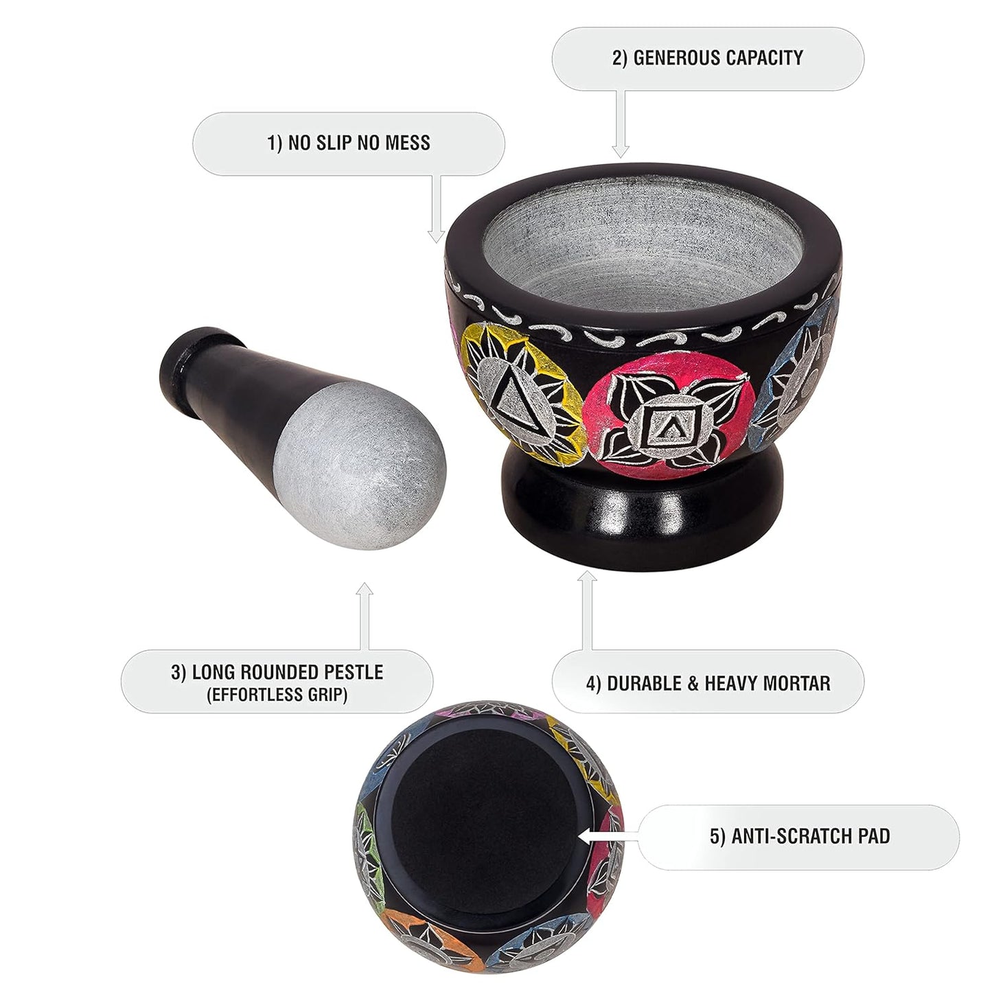 Mortar and Pestle, Made of Heavy Duty Polished Hard Stone, Natural Stone Grinder for Spices, Pastes, Herbs, Seasoning etc. (Black with Mix Color)