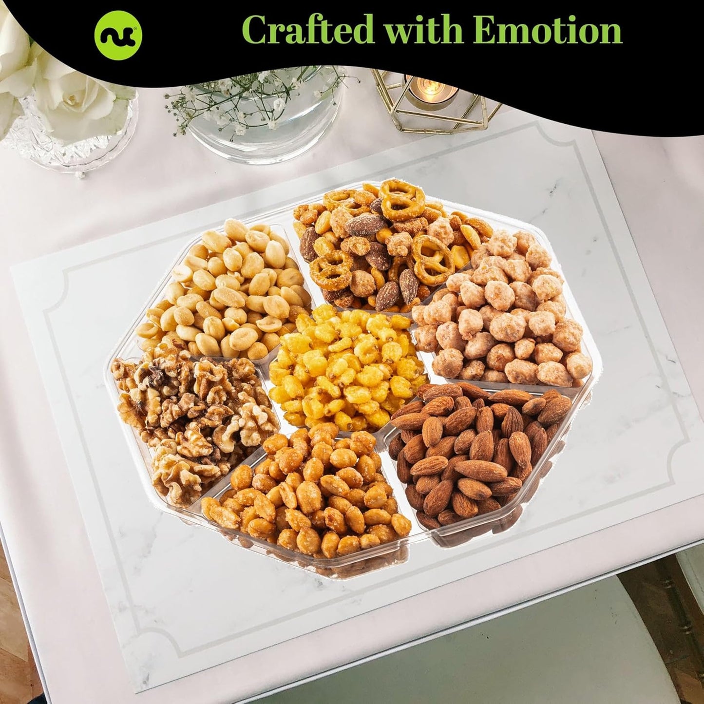 NUT CRAVINGS - Mixed Nuts Gift Basket + Green Ribbon Classic (7 Assortments, 1 LB) Food Arrangement, Healthy Snack Care Package, Food Assortments
