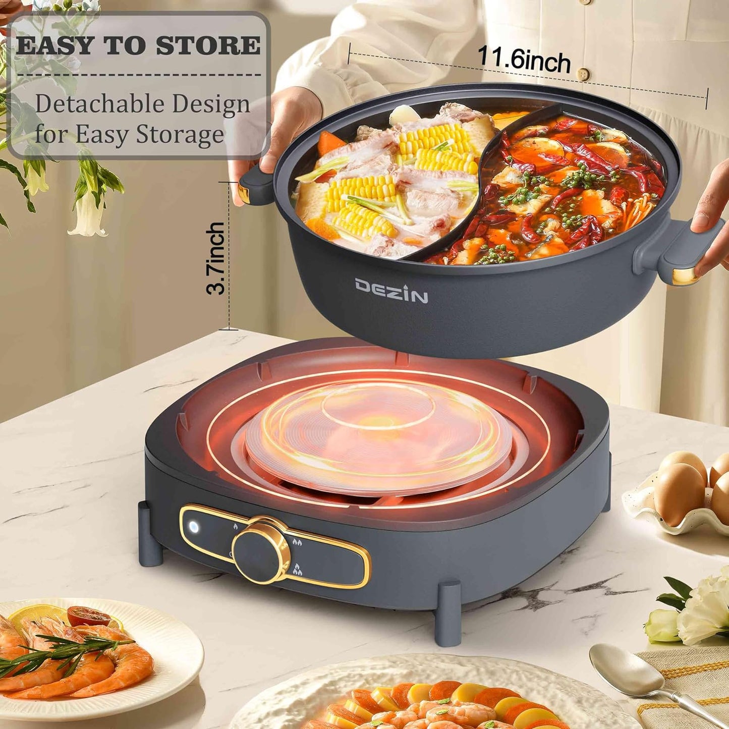Dezin Hot Pot Electric with Divider, 6L Double-Flavor Shabu Shabu Pot, Dual Sided Removable Non-Stick Hotpot Pot Electric, 3" Depth Chinese Hot Pot with Multi-Power Control, 2 Silicone Ladles Included