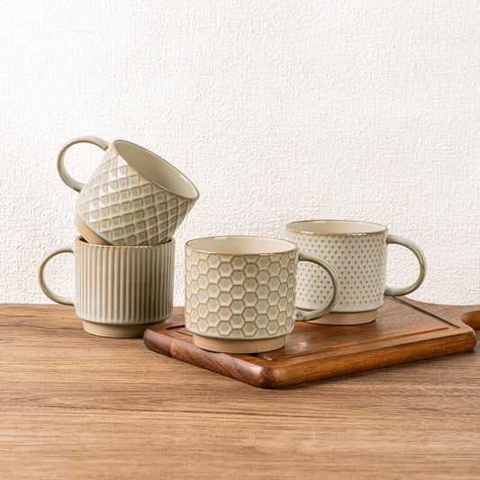 GBHOME 12OZ Stackable Coffee Mugs, Ceramic Coffee Mugs with Texture Patterns for Man,Woman,Dad,Mom, Modern Coffee Mugs Set of 4 for Latte/Cappuccino/Cocoa. Dishwasher&Microwave Safe, Pale Khaki