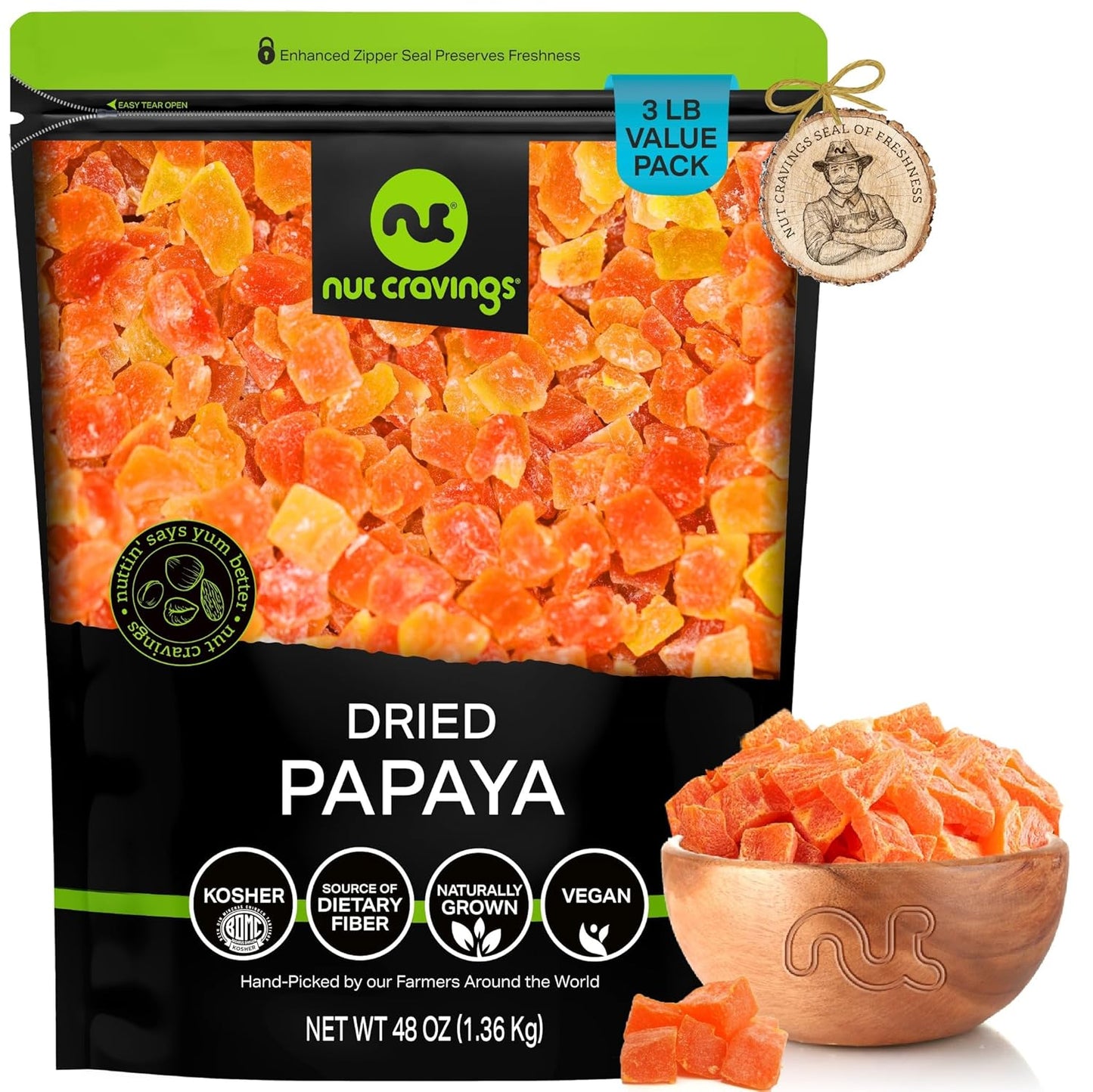 NUT CRAVINGS - Sun Dried Papaya Chunks, Lightly Sweetened (48oz, 3 LB) Bulk Dry Fruits Packed Fresh in Resealable Bag - Sweet Healthy Snack, Naturally Grown, Vegan, Kosher