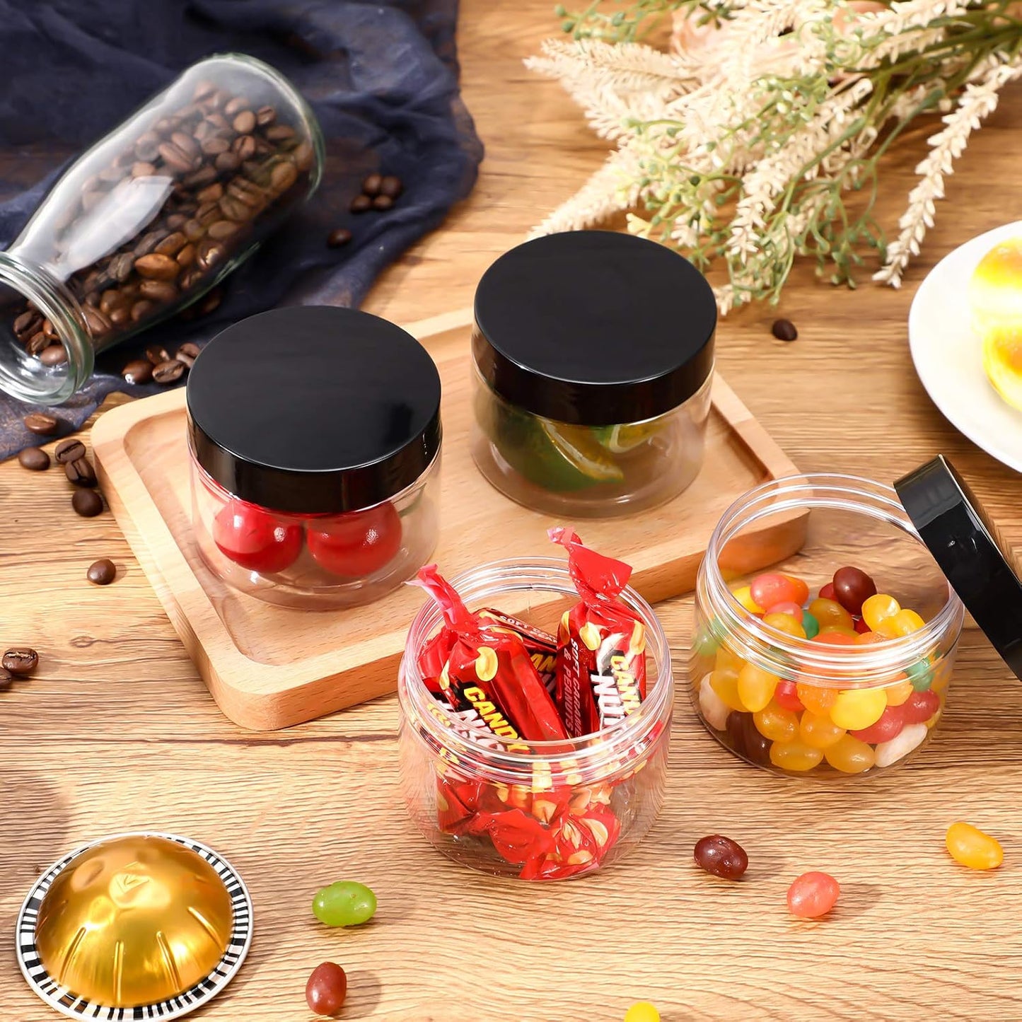 SATINIOR 6 Pack 5 oz Plastic Jars Containers with Lids Wide-mouth Refillable Leakproof Reusable Round Empty Jars for Travel Cosmetic Dry Food Spice Cookie Candy Home Kitchen Organizing(Black)