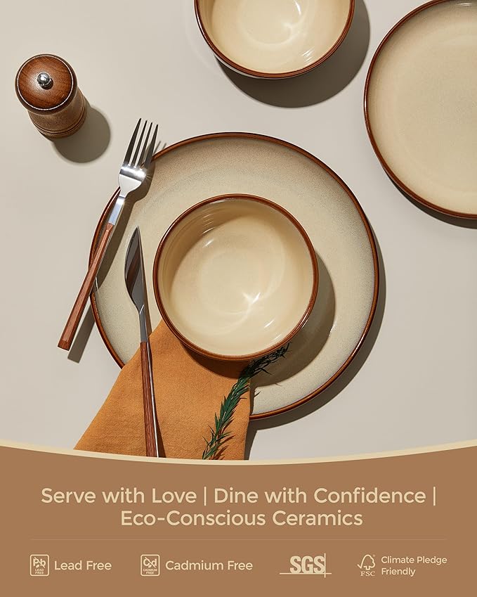 24 Piece Double Bowl Dinnerware Sets with Pasta Bowls, Highly Chip and Crack Resistant Plates and Bowls Sets, Natural Earthyware Ceramic Dishware Sets, Service for 6 Brown Yellow