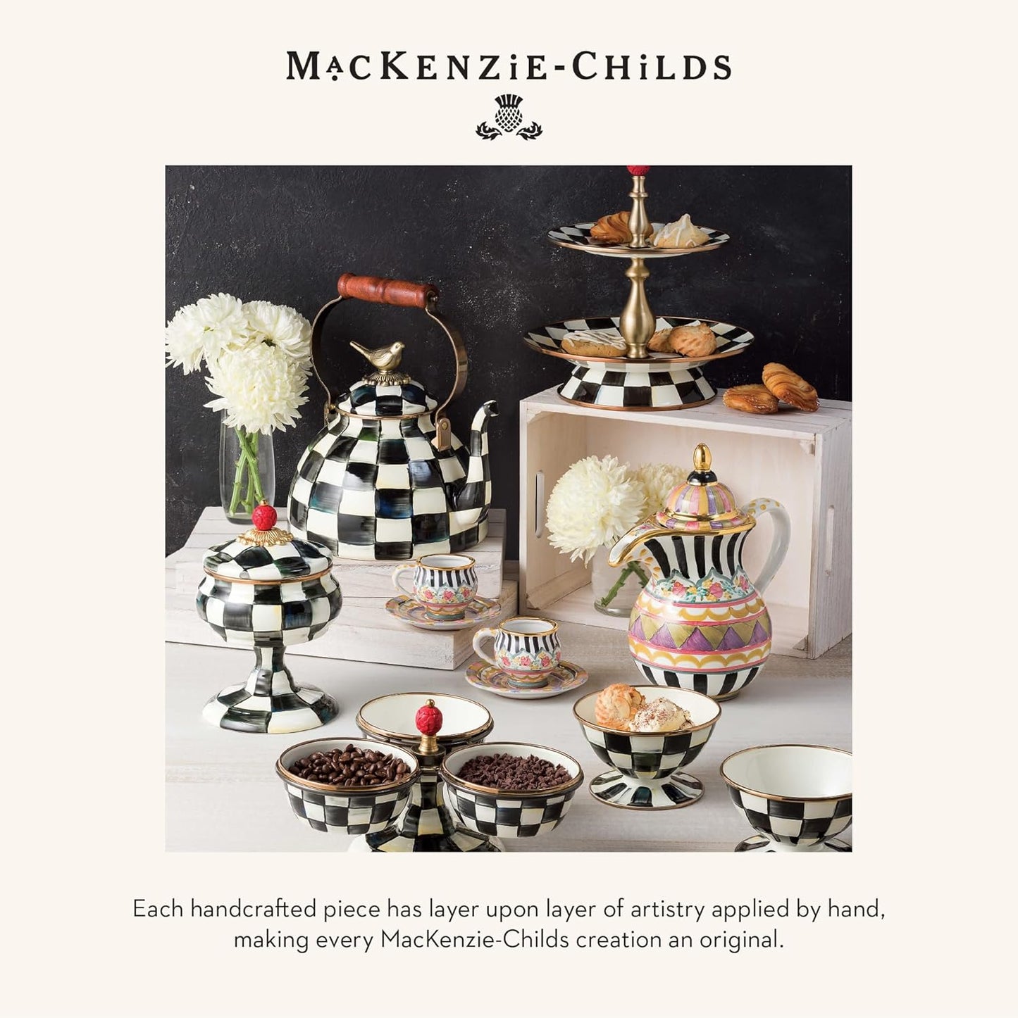 MACKENZIE-CHILDS Kitchen Pasta Spoon, Silicone Spaghetti Spoon, Black-and-White Courtly Check