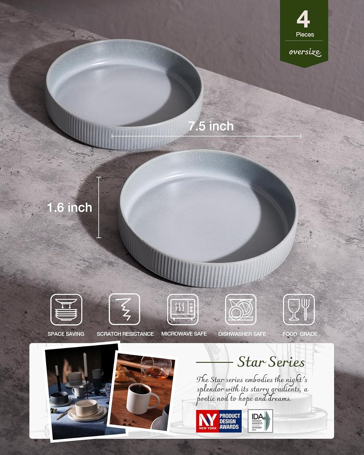 famiware Star 7.5" Pasta Bowls Set, Salad Bowl Set of 4, Double Reactive Glaze, Stackable, Ideal for Your Friend for Housewarming, Festivals, Light Gray