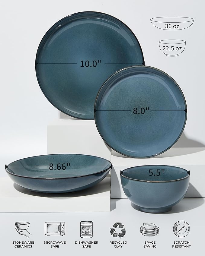 24 Piece Double Bowl Dinnerware Sets with Pasta Bowls, Highly Chip and Crack Resistant Plates and Bowls Sets, Natural Earthyware Ceramic Dishware Sets, Service for 6 Jeans Blue