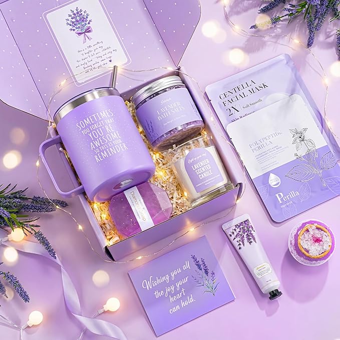 Spa Gifts for Women, 9pcs Happy Birthday Gifts for Women, Unique Birthday Relaxation Mothers Day Gift Christmas Ideas Relaxing Lavender Set Self Care Gift Basket for Her Mom Sister Friend Teacher