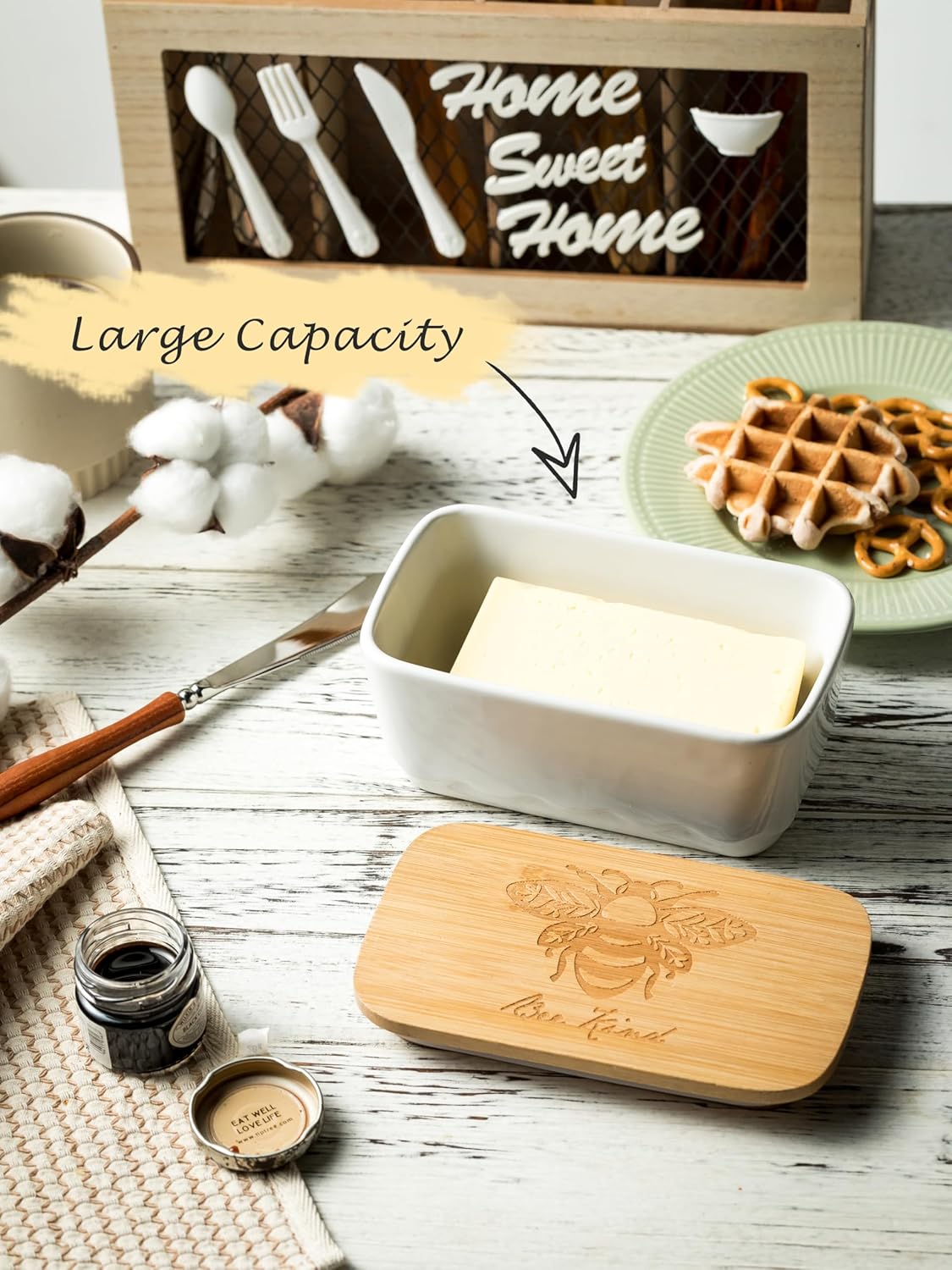 Covered Butter Dish for Countertop, Ceramic Butter Dish with Wooden Lid Airtight Butter Holder Container, Vintage HoneyBee Kitchen Decor, White