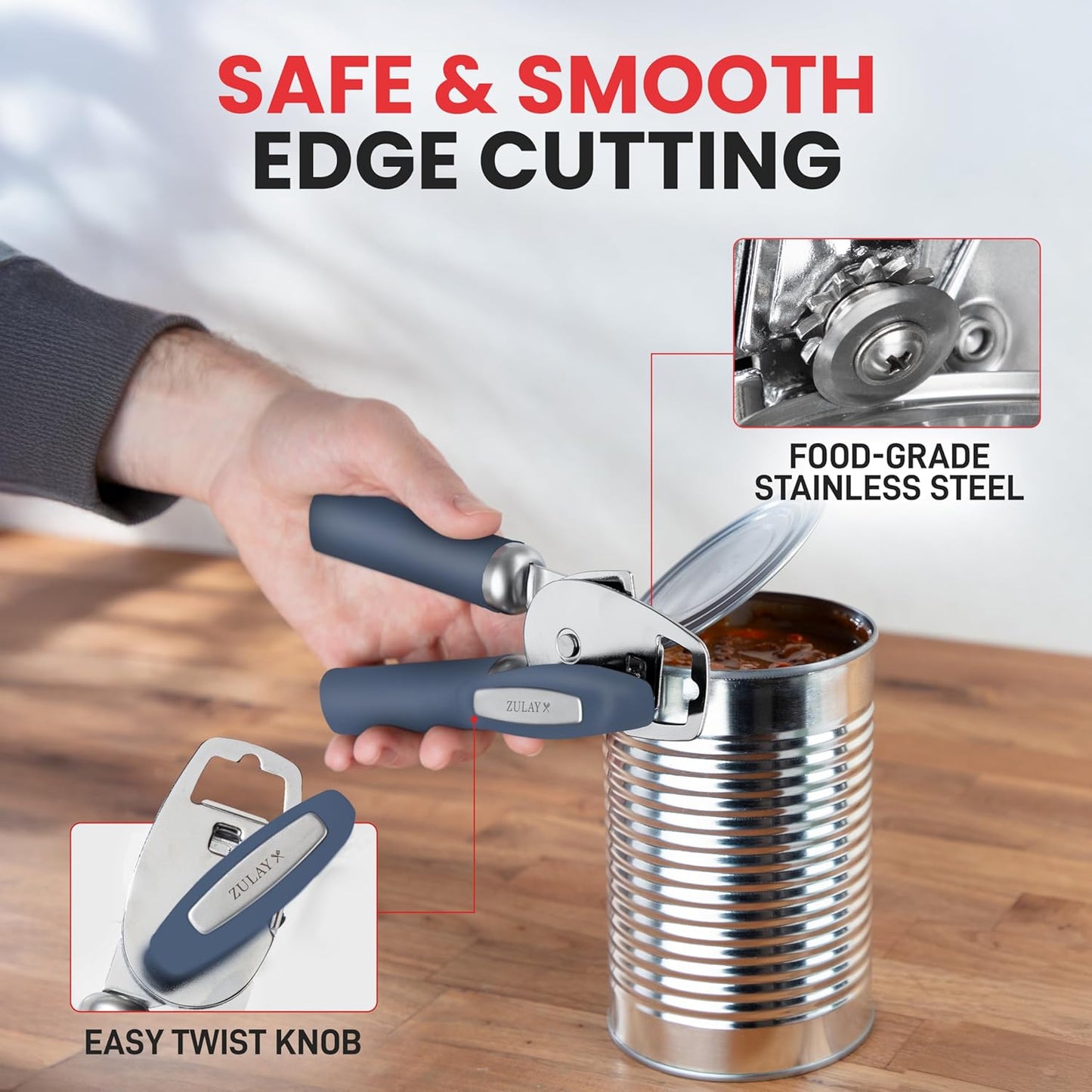 Zulay Kitchen Heavy Duty Stainless Steel Can Opener Manual with Bottle Opener - Rust Proof Manual Can Opener With Turn Knob & Comfy Soft Grip Handles - Blue
