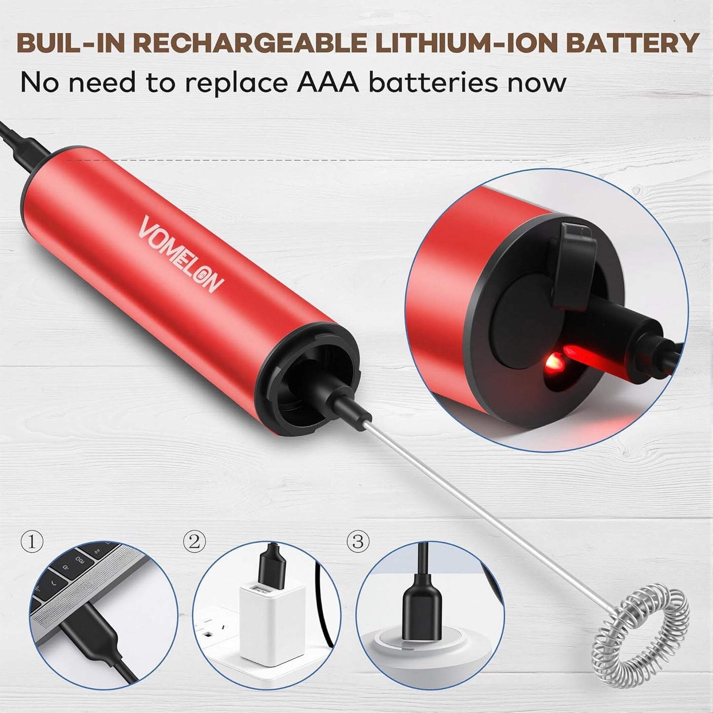 Milk Frother, Rechargeable Battery Operated Frother for Coffee,Portable Drink Mixer with 2 Stainless Steel Whisk Heads,Milk Foamer for Keto Coffee, Latte, Cappuccino, Hot Chocolate,Rube Red