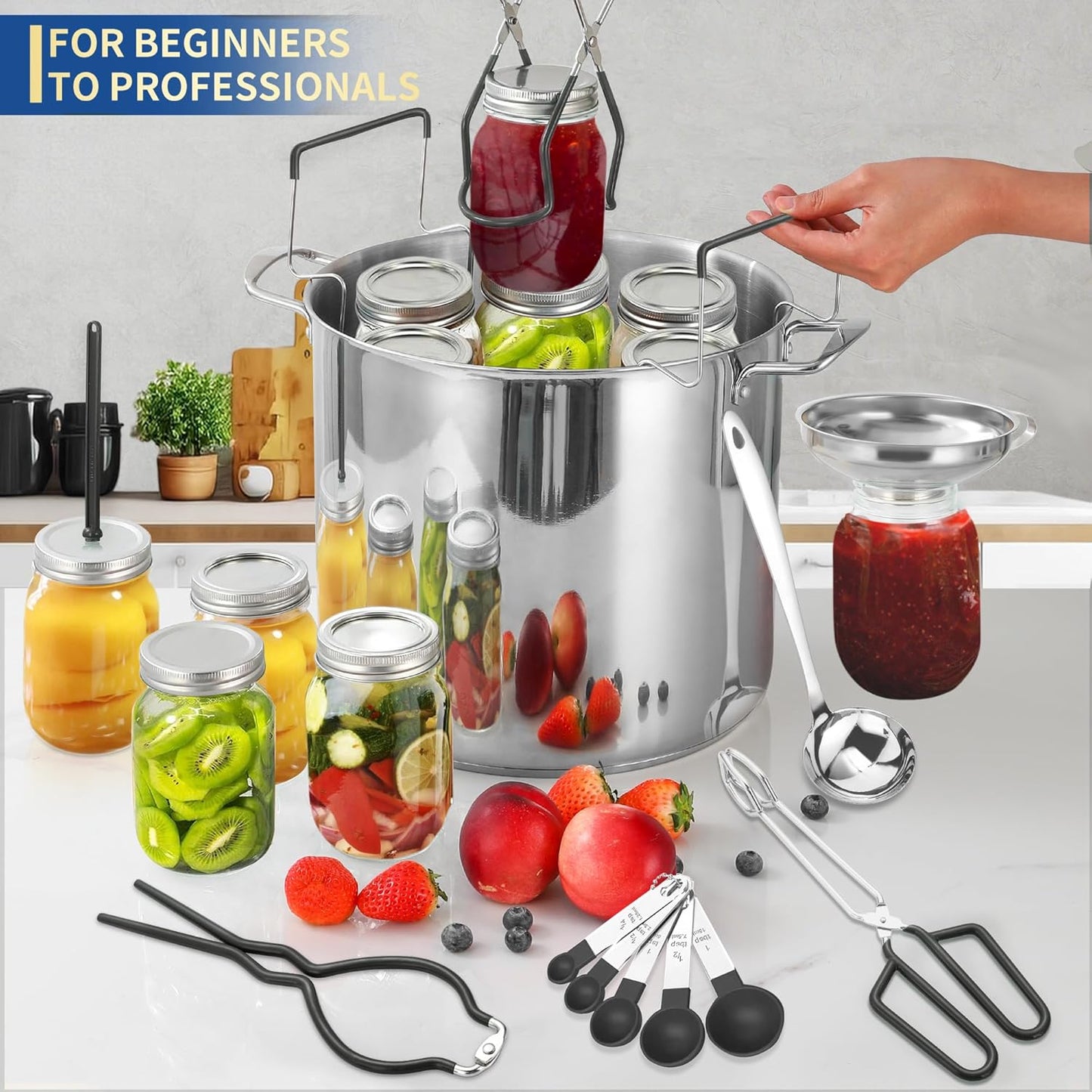 Canning Supplies Starter Kit,Canning Kit for Beginners of 12 with Rack，Silicone Oven Gloves，Jar Lifter，Funnel,Wrench,Tongs,Lid Lifter,Bubble Popper,Labels,ladle,Measuring spoon-G12-Black