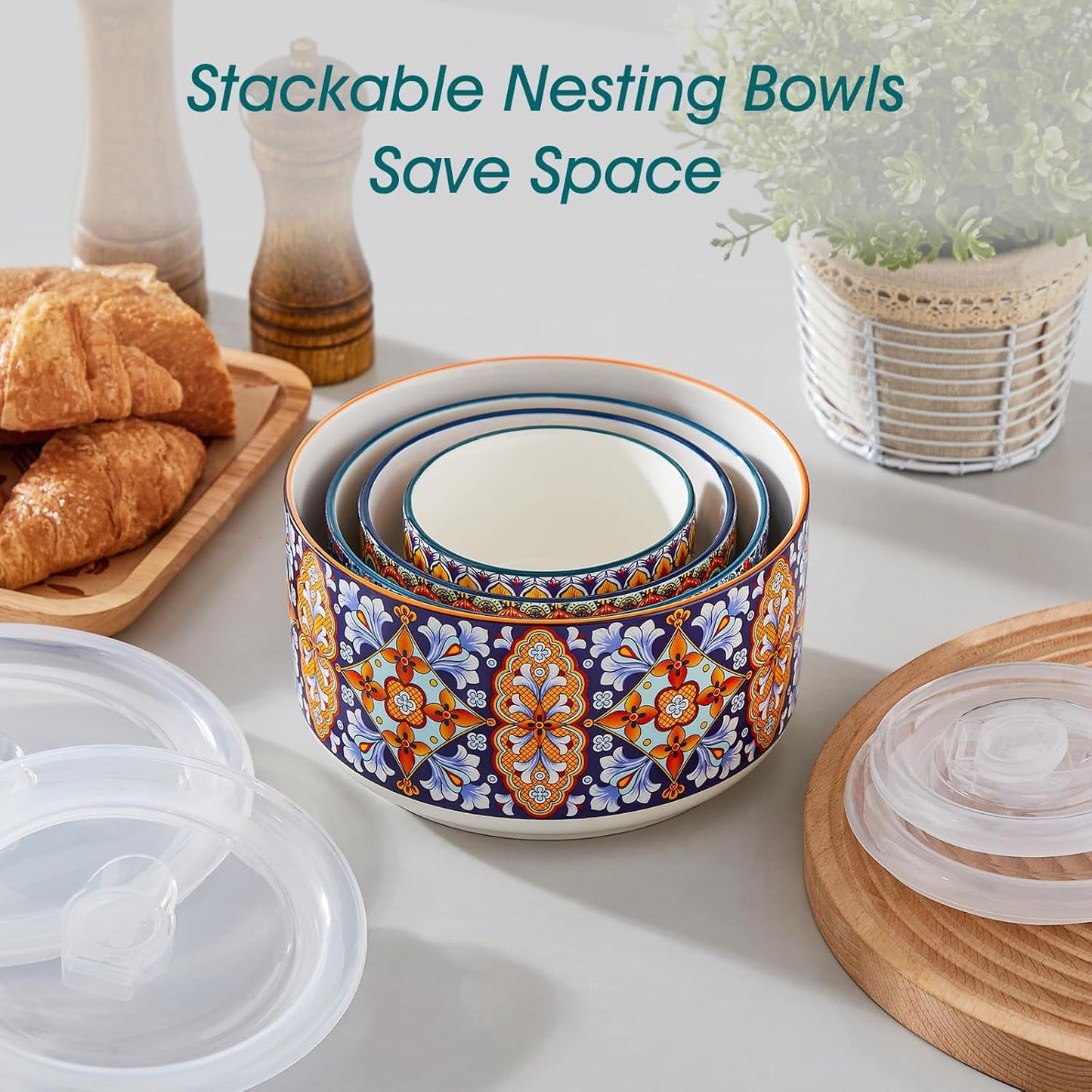 vancasso Mixing Bowls with Lids Set of 4, Ceramic Nesting Bowls Serving Bowl for Food Storage, Microwave and Dishwasher Safe, 60/36/20/10 OZ, Series SIMI