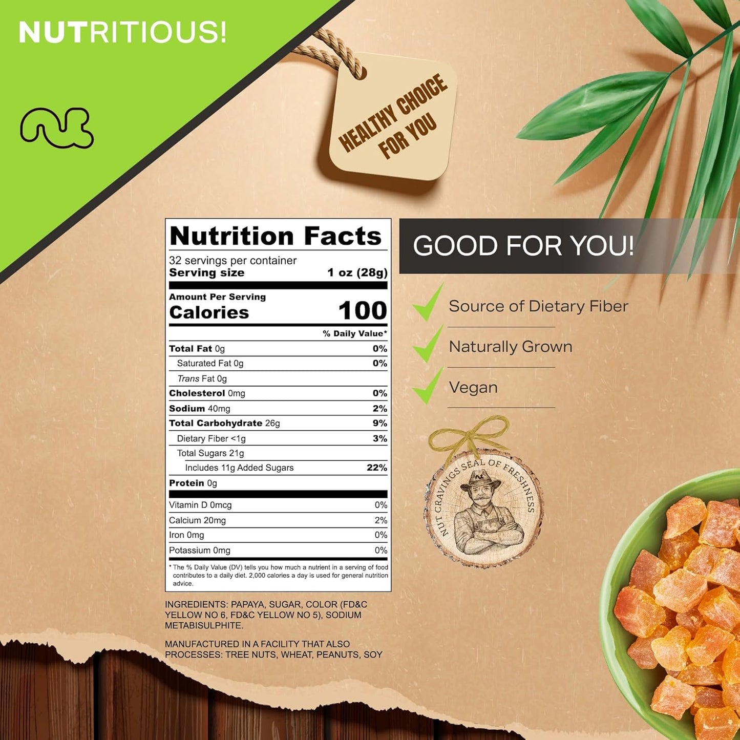 NUT CRAVINGS - Sun Dried Papaya Chunks, Lightly Sweetened (32oz, 2 LB) Bulk Dry Fruits Packed Fresh in Resealable Bag - Sweet Healthy Snack, Naturally Grown, Vegan, Kosher