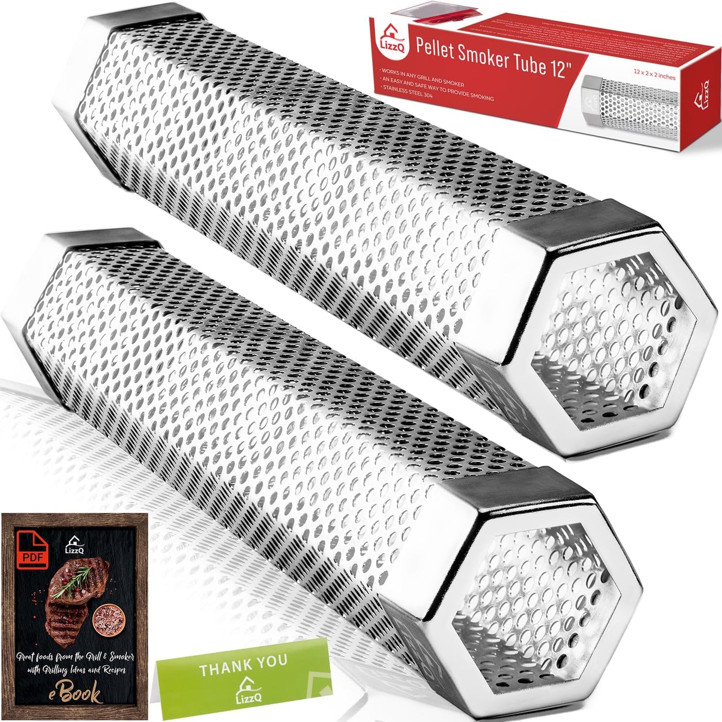 Premium Pellet Smoker Tube 12" (Set of 2) - 5 Hours of Billowing Smoke, Hot or Cold Smoking, for Any Grill or Smoker, An Easy and Safe Way to Provide Smoking, Free eBook Grilling Ideas & Recipes