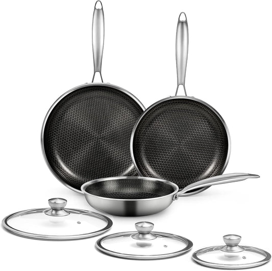 6-Piece Stainless Steel Frying Pan Set with Lids, Honeycomb Nonstick, Induction Compatible, PFOA Free