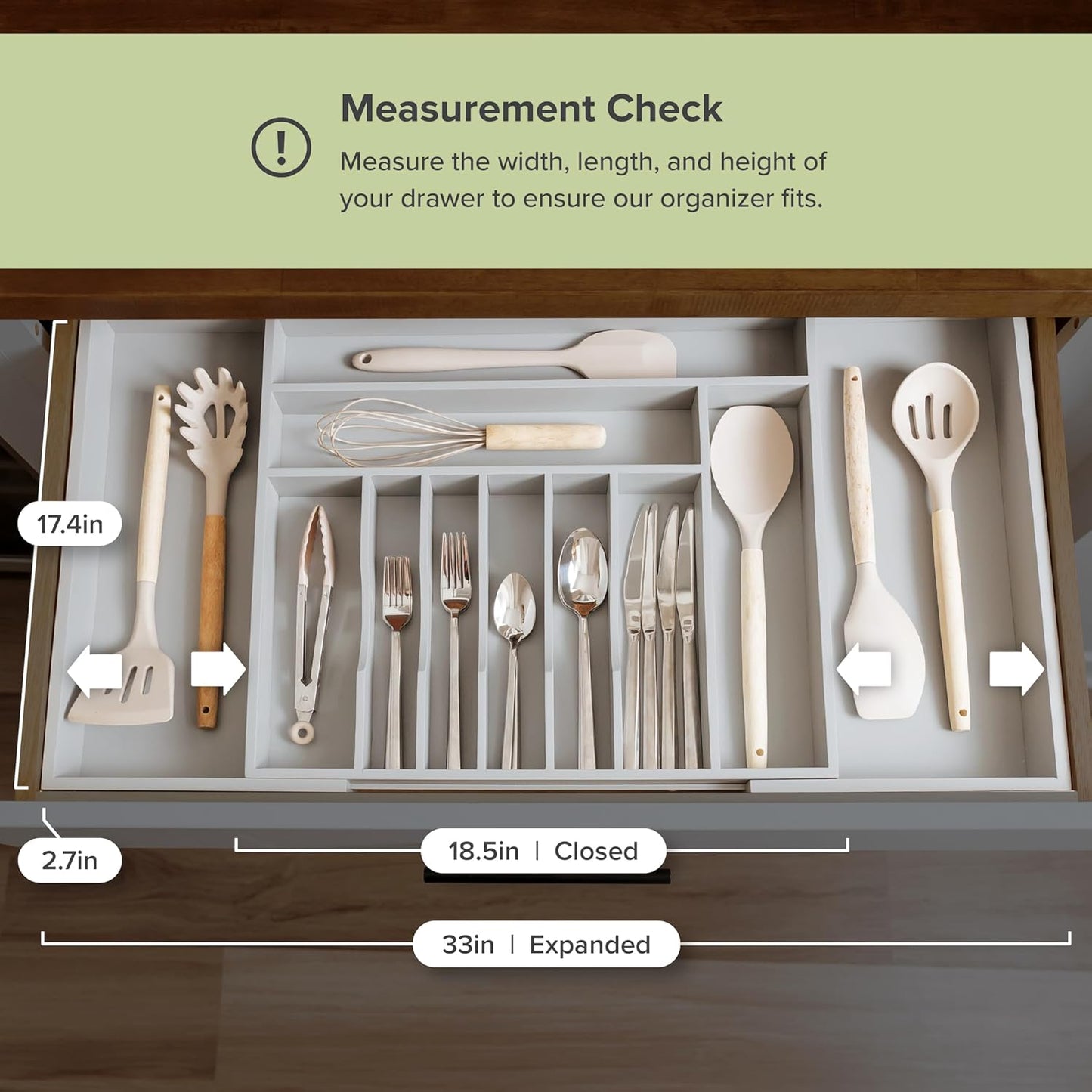 Premium Silverware, Flatware and Utensil Organizer for Kitchen Drawers, Food-Safe Contract Grade, Expandable from 18 to 33 In, Gray Bamboo