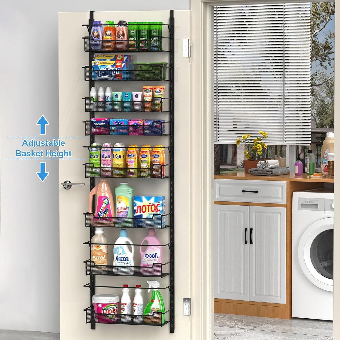 Over the Door Pantry Organizer, 8-Tier Over the Door Organizer with Adjustable Basket, Pantry Door Organization for Pantry Kitchen Storage Room Spice Rack, Black