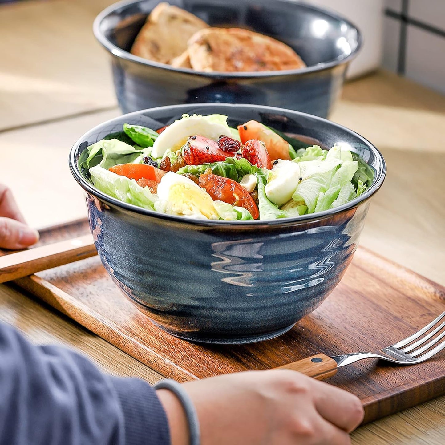 Hasense Ceramic Soup Bowls Set of 4, 40 Ounce Large Cereal Bowls for Kitchen, 7 Inch Serving Bowls for Salad Pasta Ramen Pho Popcorn, Dishwasher Microwave Safe, Navy Blue