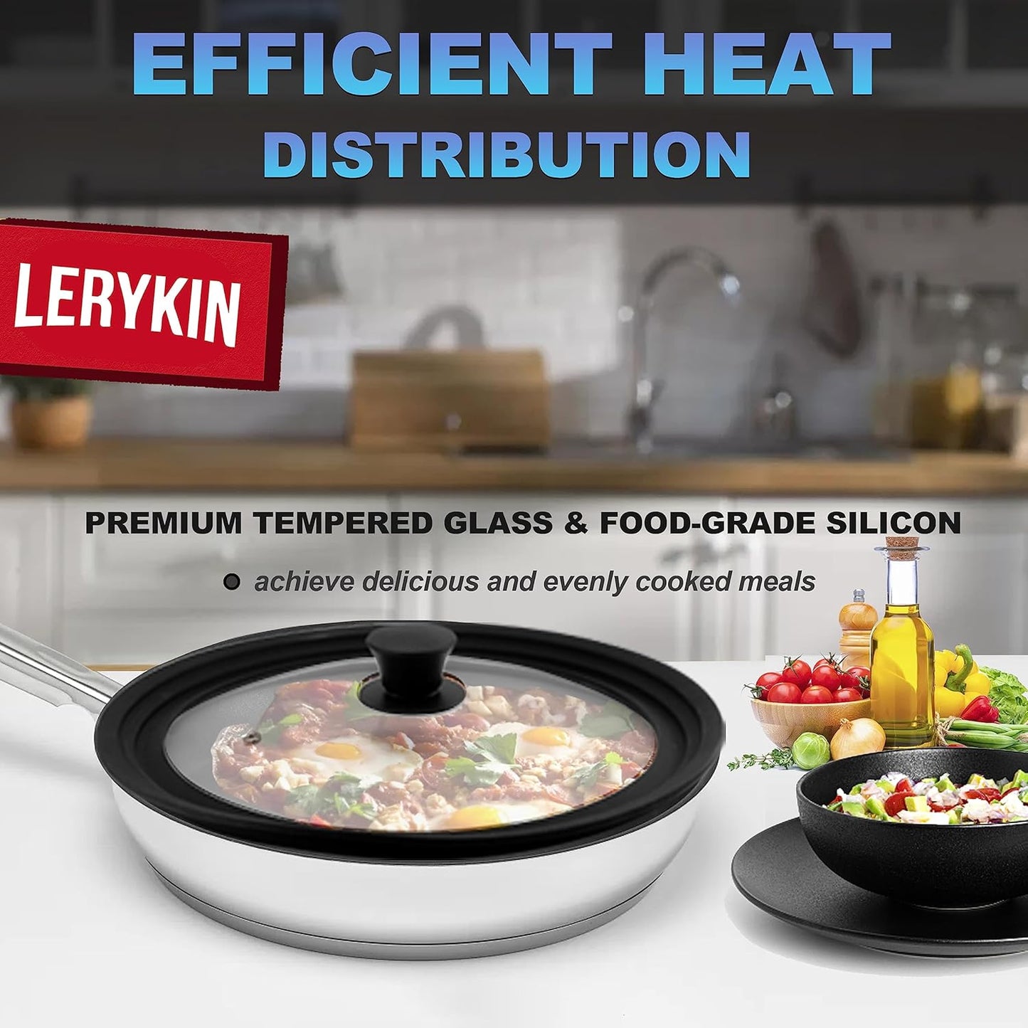 Tempered Glass Lid - Universal Lid with Heat Resistant Silicone Rim for Pots, Pans and Skillets - Pan Cover Replacement Lid Fits 6.5", 7" and 8" Diameter Cookware