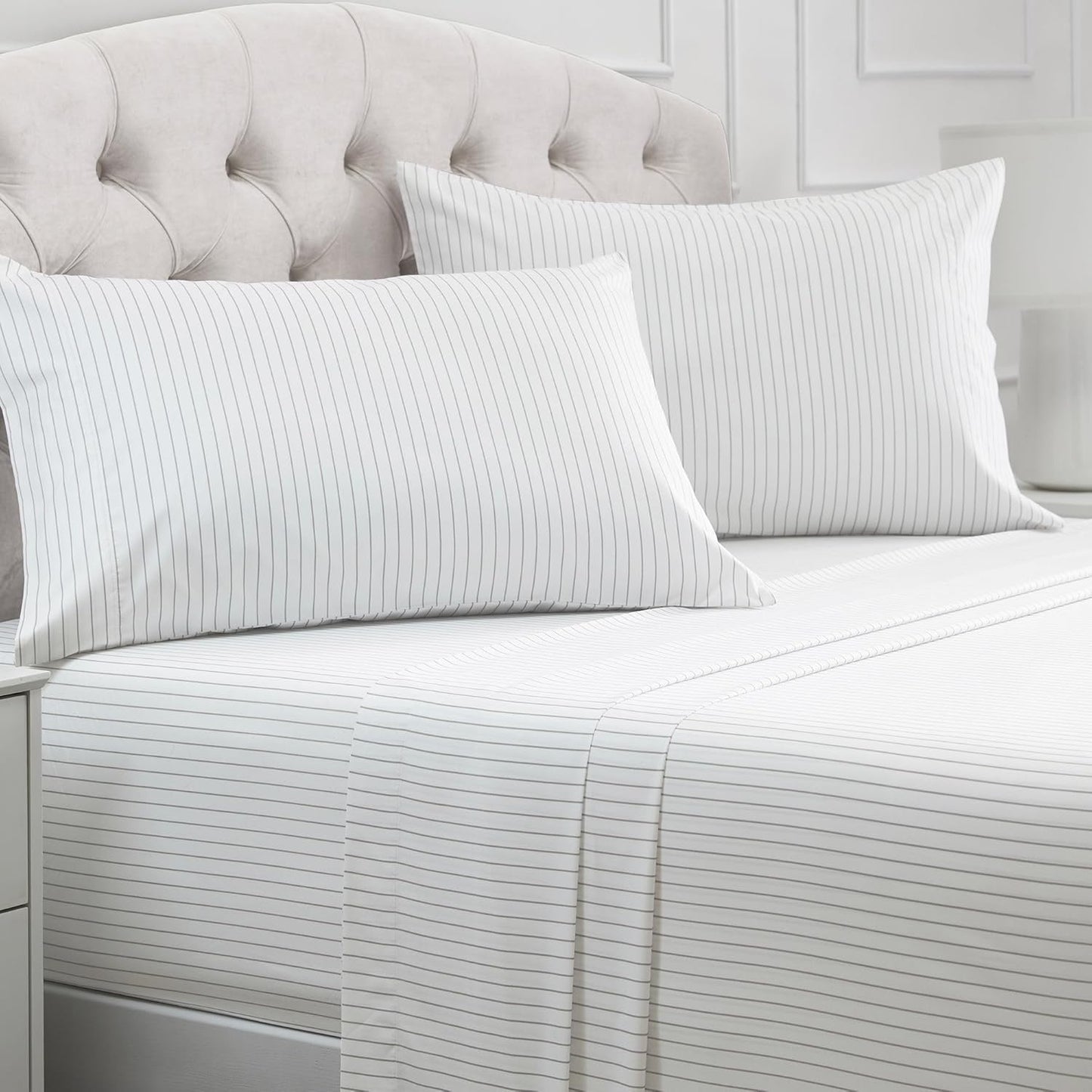 Mellanni California King Sheets Set - 4 PC Iconic Collection Bedding - Hotel Luxury, Extra Soft, Cooling Bed Sheets - Wrinkle, Fade, Stain Resistant (Cal King, Pin Stripe Gray)
