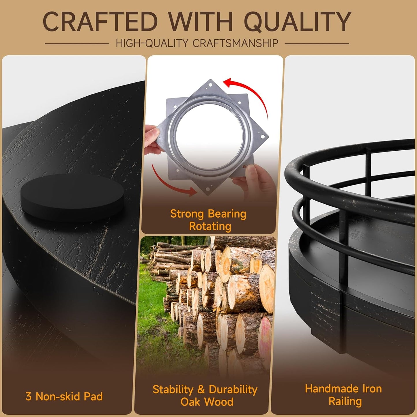 12" Oak Bathroom Vanity Tray Turntable for Perfume Candle, Round Wooden Decorative Tray for Kitchen Sink Countertop Organizer, Bathroom Counter Organizer for Skincare Makeup, Farmhouse Black Gold