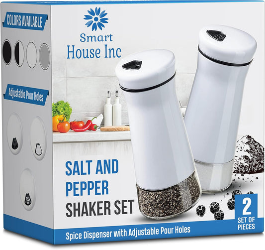 The Original Salt and Pepper Shakers set - White- Spice Dispenser with Adjustable Pour Holes - Stainless Steel & Glass - Set of 2 Bottles