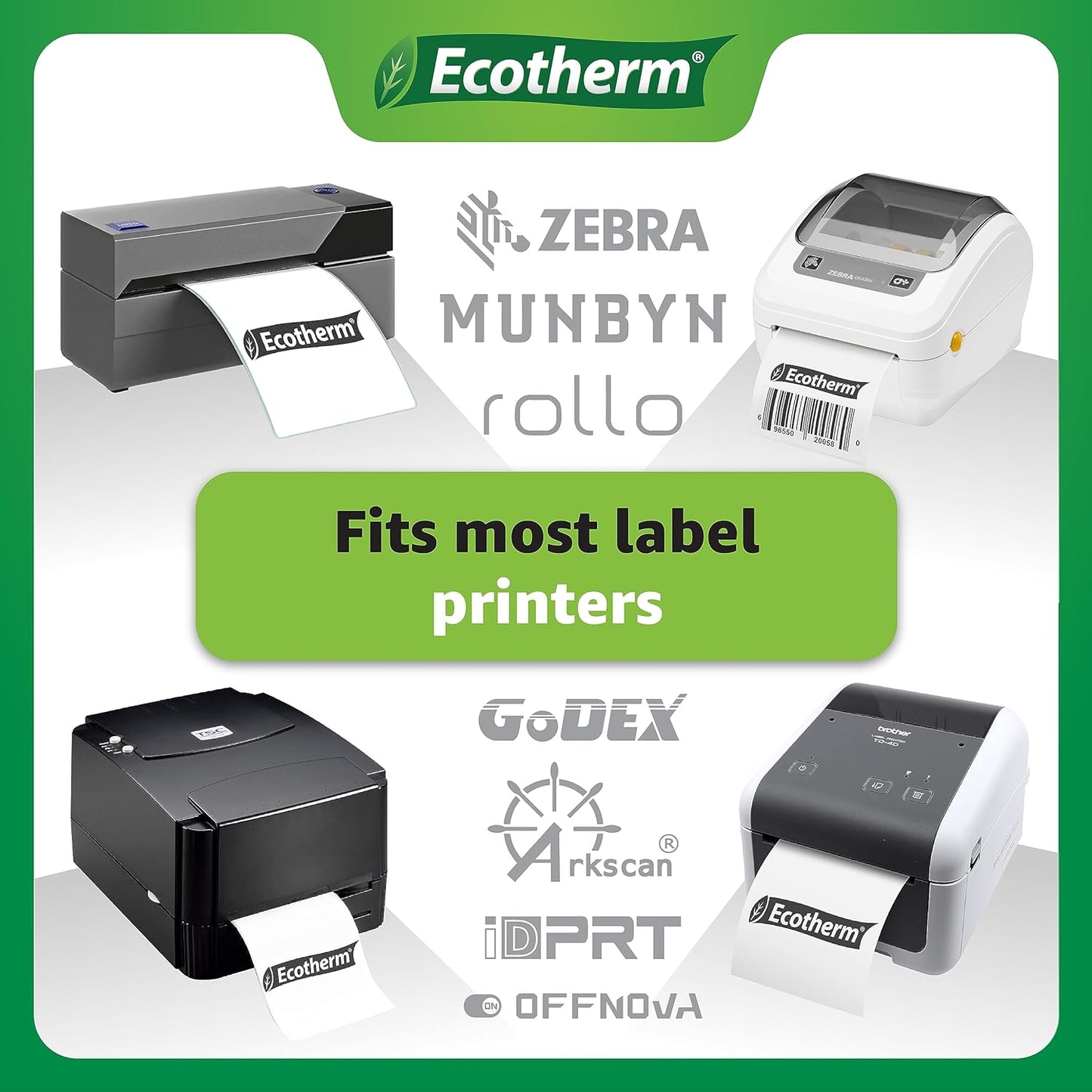 4" x 4" Thermal Labels | 4 Rolls | 1508 Labels | fits Zebra, Munbyn, Rollo, Godex, Arkscan, iDPRT, Offnova Thermal Label Printers and More | Blank White Adhesive Stickers by Ecotherm