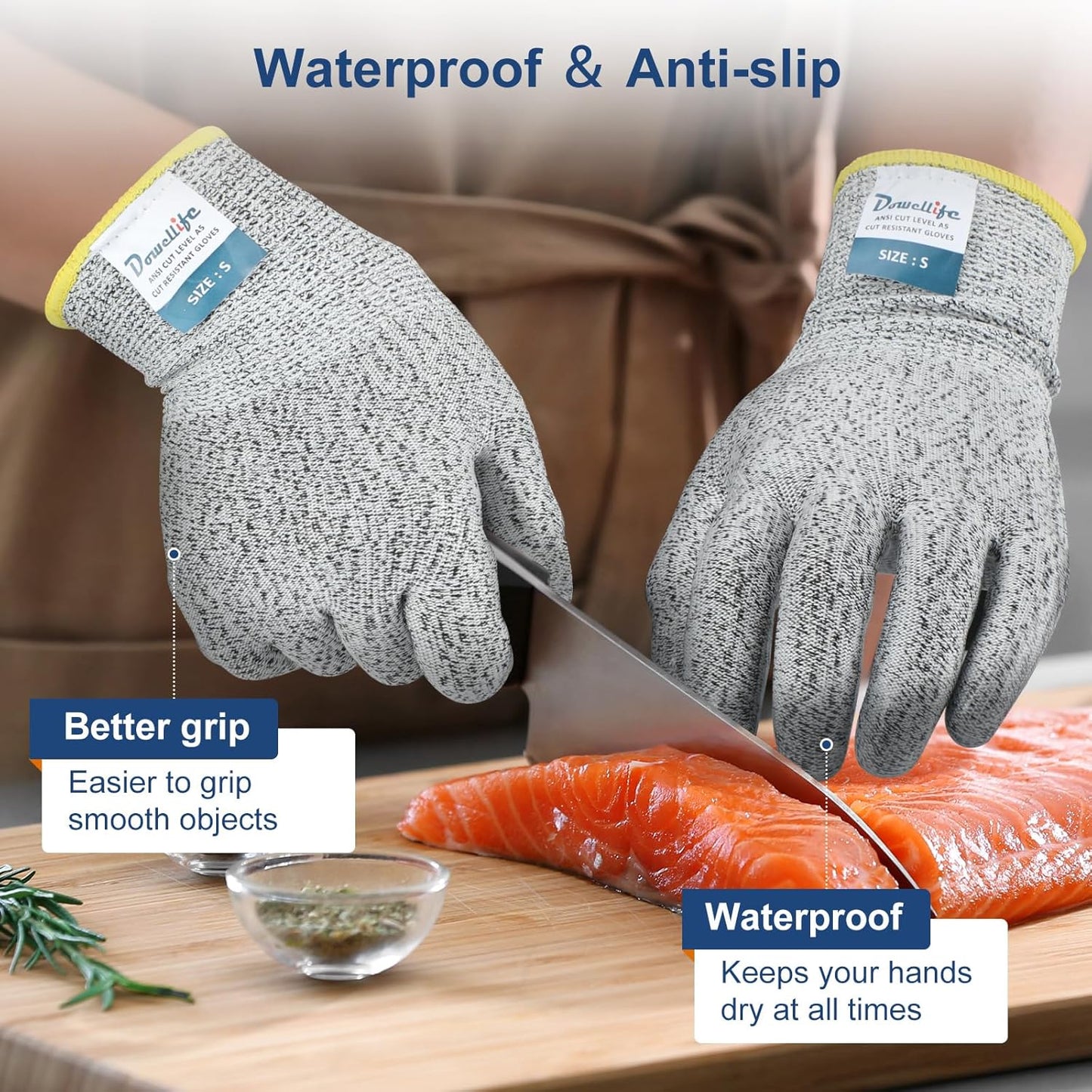 Dowellife Level 5 Cut Resistant Gloves with Silicone Coating, Food Grade Kitchen Knife Safety Gloves, Work Gloves for Chef, Mandoline Oyster Shucking Meat Cutting Wood Carving (Gray X-Large), Grey