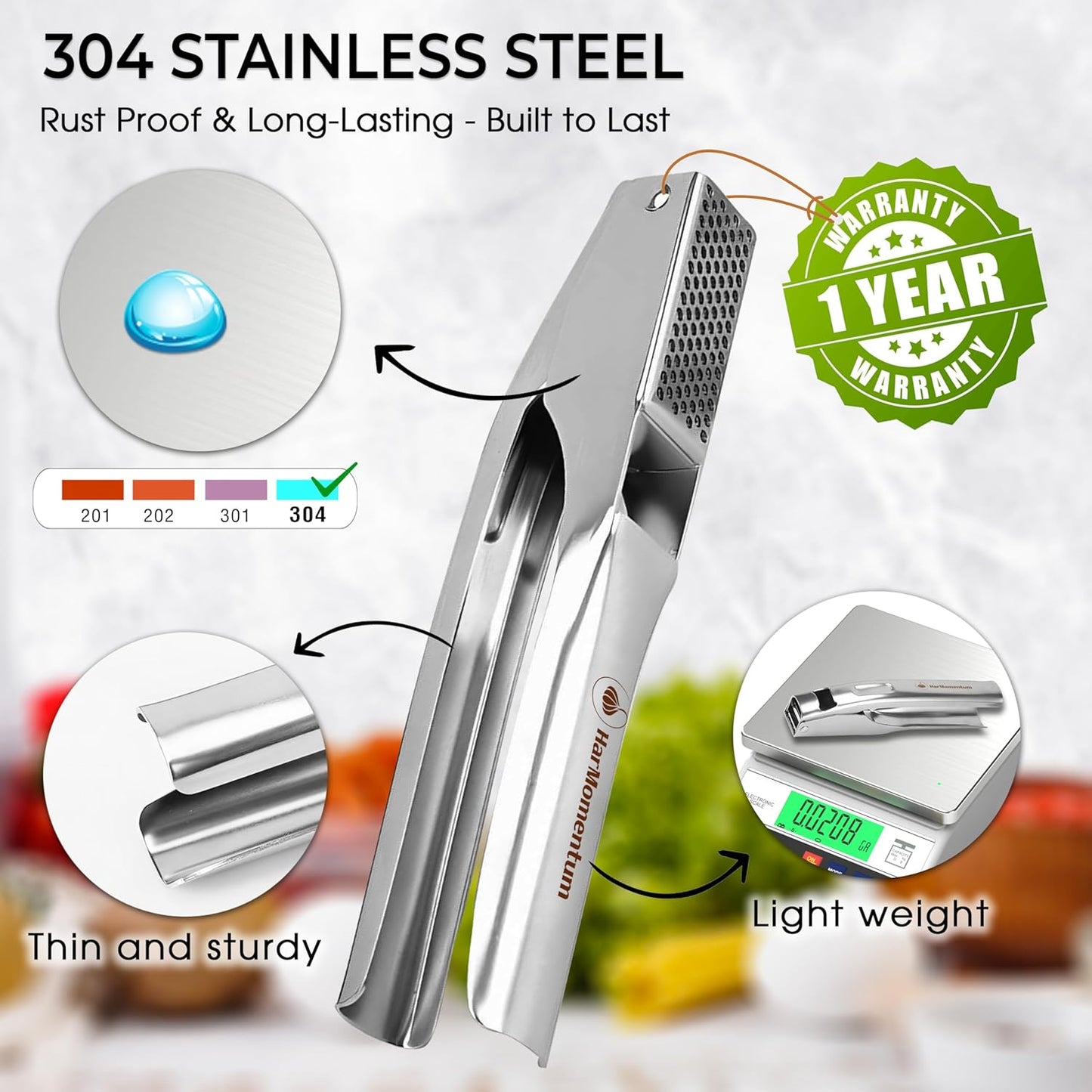 Garlic Press Stainless Steel - No Need to Peel Garlic Mincer & Crusher - 304 Inox, 7.34 Oz, Large Trough - Ergonomic Handle, Easy to Clean, Dishwasher Safe (2 Years Warranty) (Blue)