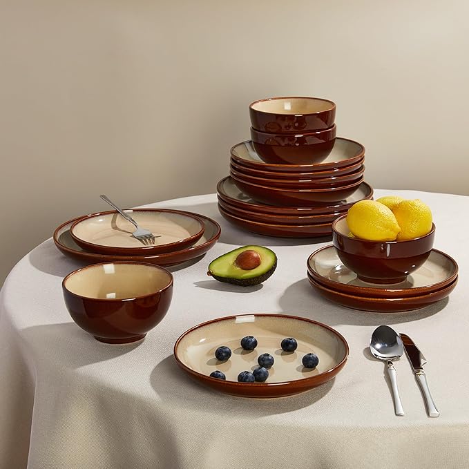 24 Piece Double Bowl Dinnerware Sets with Pasta Bowls, Highly Chip and Crack Resistant Plates and Bowls Sets, Natural Earthyware Ceramic Dishware Sets, Service for 6 Brown Yellow