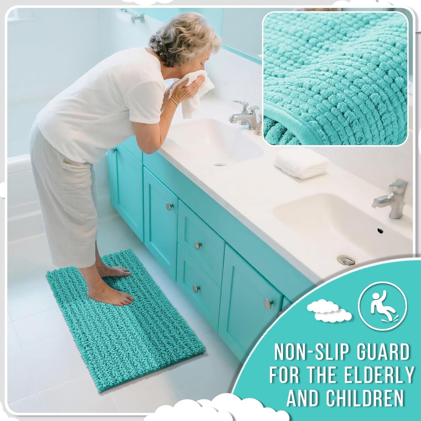 Yimobra Large Bathroom Rugs Non Slip Washable 36x24 Inch - Ultra Soft Absorbent Chenille Bath Mat, Quick Dry Shaggy Floor Carpet for Tub Shower, Lake Blue Home Decor Accessories
