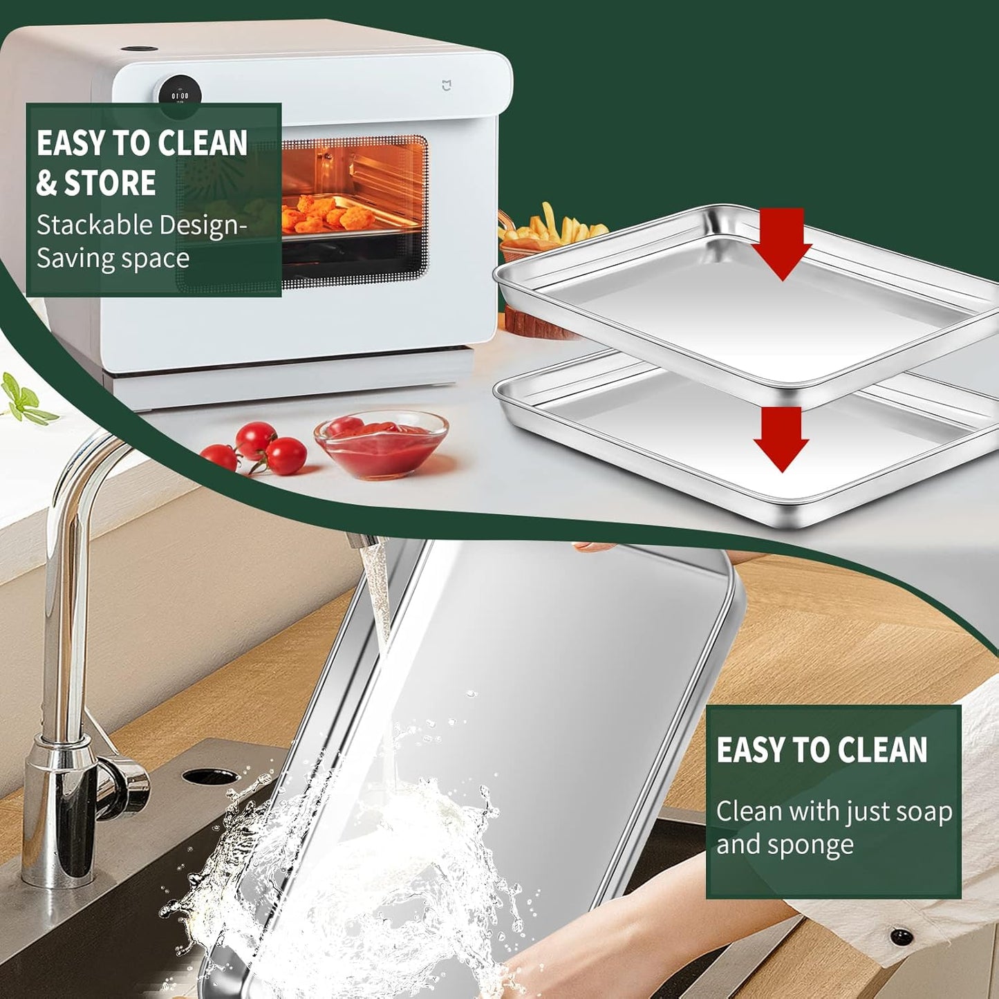 Small Baking Sheet with Rack Set [2 Small Cookie Sheets + 2 Small Baking Racks], CEKEE Stainless Steel Small Baking Pan and Grill Rack - Rust & Warp Resistant & Nonstick, Size 9.33 x 6.96 x 1 Inch