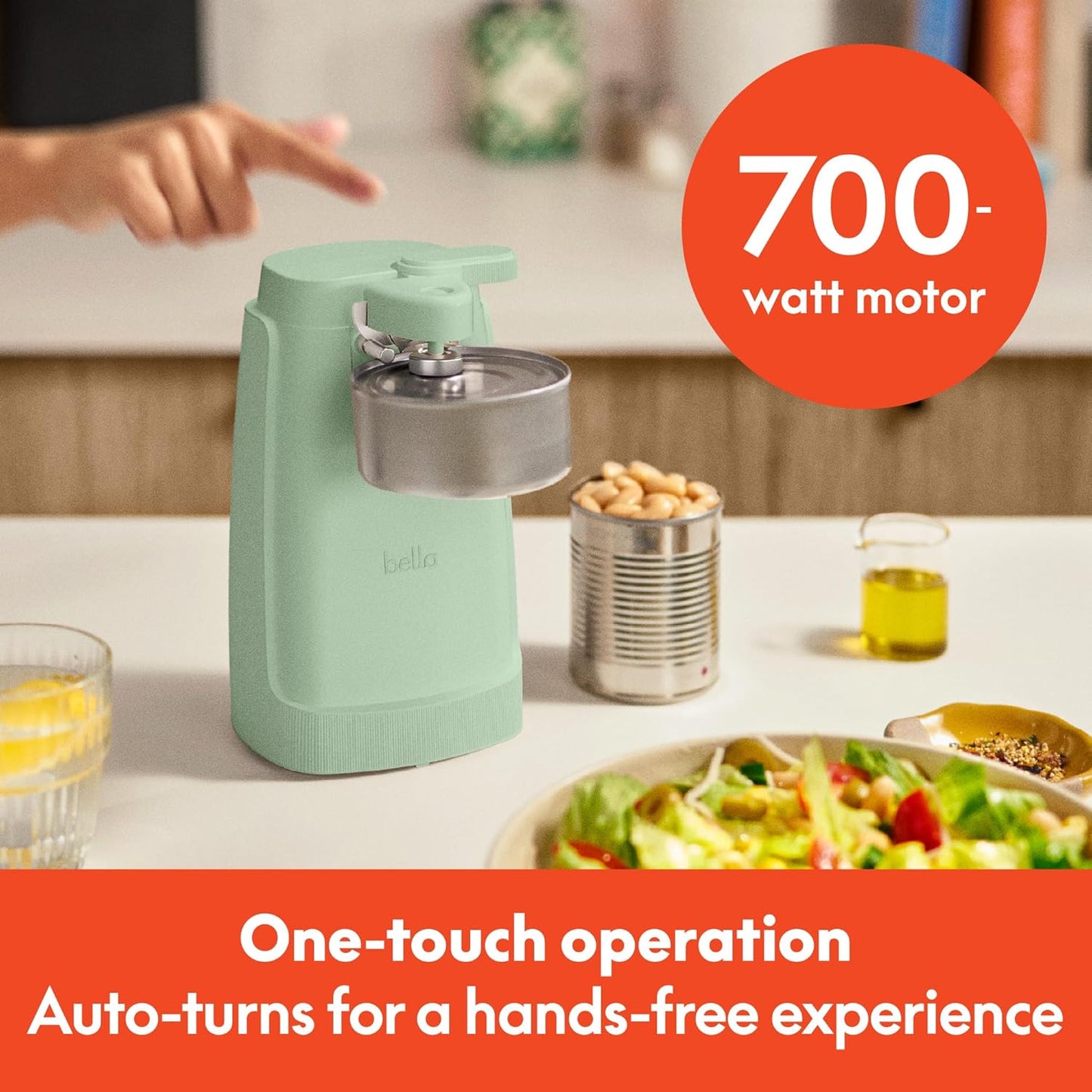 bella Electric Can Opener and Knife Sharpener, Multifunctional Jar and Bottle Opener with Removable Cutting Lever and Cord Storage, Stainless Steel Blade, Seaglass