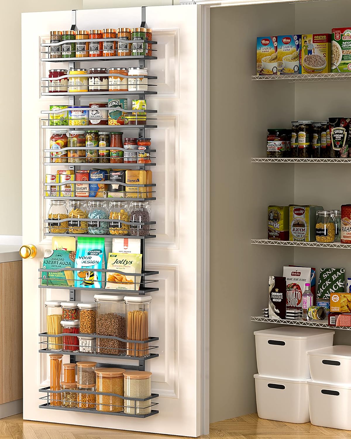 Moforoco 9-Tier Over The Door Pantry Organizer, Pantry Organization and Storage, Black Hanging Basket Wall Spice Rack Seasoning Shelves, Home & Kitchen Bedroom Bathroom House Essentials