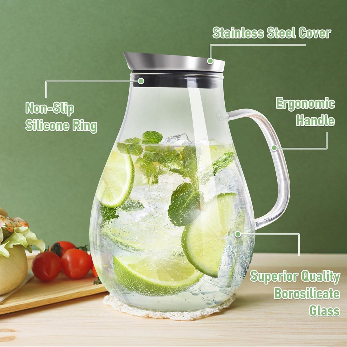 SUSTEAS 2 Liter Glass Pitcher, Water Pitcher with Removable Lid And Wide Handle, Easy Clean Juice Jug for Fridge, Beverage Carafe for Cold/Hot Water, Iced Tea, 1 Long-Handled Brush Included